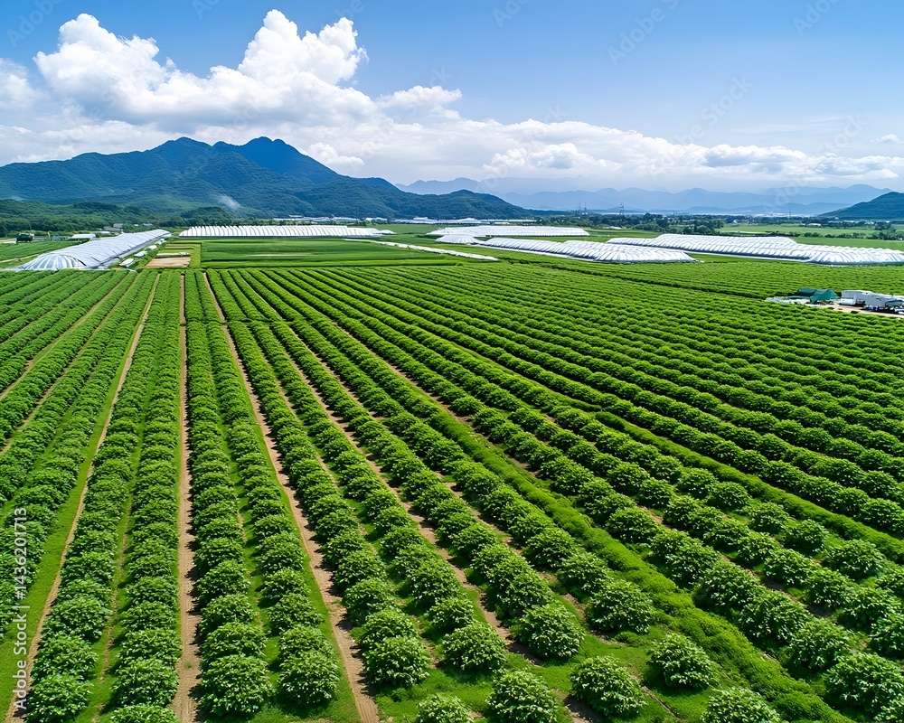 Lush green orchard rows stretch across a valley, nestled between mountains under a bright blue sky, punctuated by greenhouses