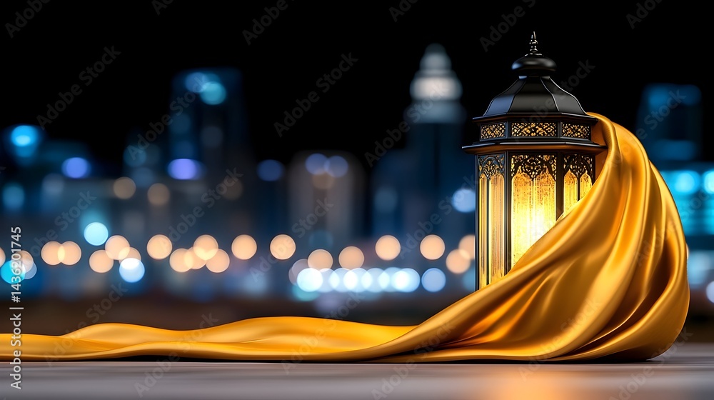 Ornate lantern glows, draped in golden silk against a blurred cityscape backdrop at night