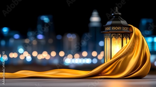 Obraz na płótnie Ornate lantern glows, draped in golden silk against a blurred cityscape backdrop at night w salonie