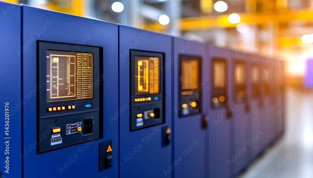 Row of blue industrial control panels with digital displays in a factory setting
