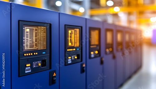 Obraz na płótnie Row of blue industrial control panels with digital displays in a factory setting w salonie