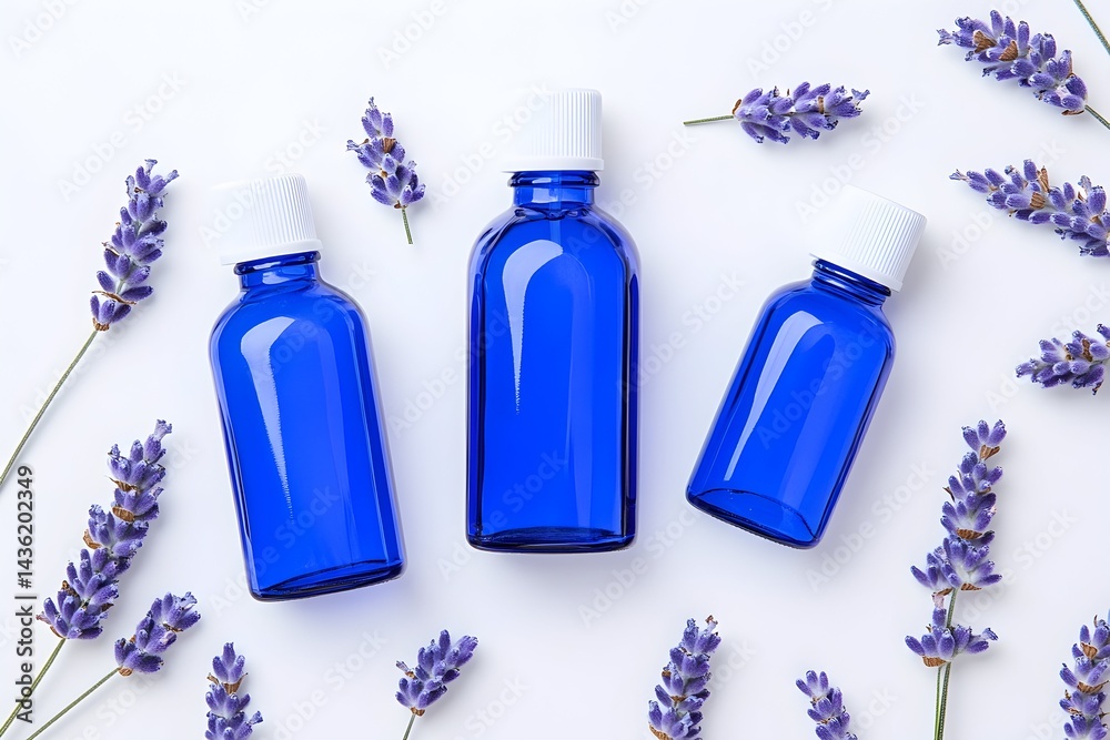 Three cobalt blue bottles of essential oil surrounded by fresh lavender sprigs on a white background