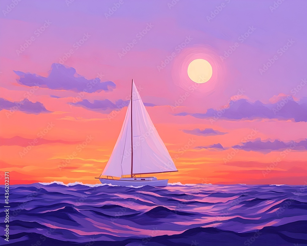 Serene sailboat glides across a vibrant ocean sunset, under a large, pale sun