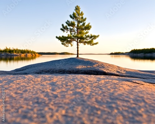 Solitary pine tree on rocky outcrop by calm lake at sunrise