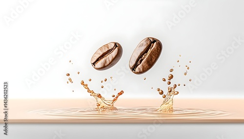 Two coffee beans falling into liquid, creating a splash