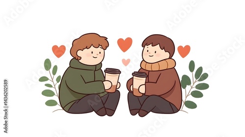 Two smiling people sharing warm drinks, surrounded by hearts and foliage, suggesting a romantic or friendly encounter