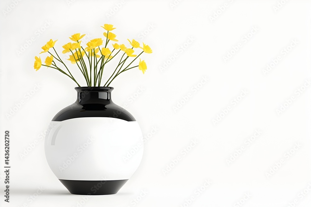 A black and white vase holds a bouquet of bright yellow flowers against a stark white background