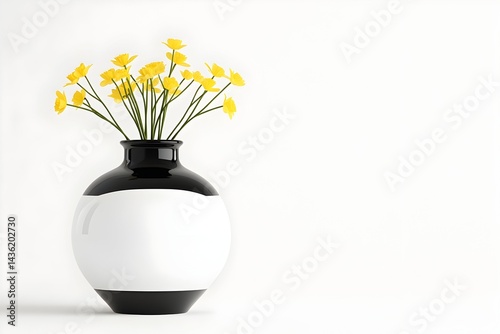 Obraz na płótnie A black and white vase holds a bouquet of bright yellow flowers against a stark white background w salonie