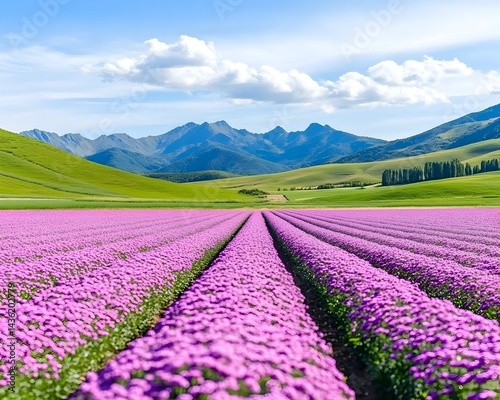 Obraz na płótnie Vast purple flower fields stretch towards majestic mountains under a bright, blue sky w salonie