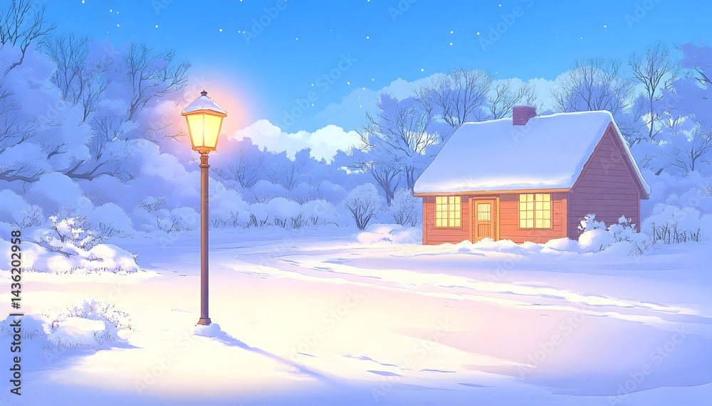 A cozy cabin nestled in a snowy winter landscape, illuminated by a warm lamppost at twilight