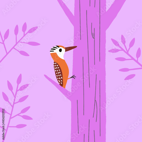 Vector illustration of a wood packer is peeking a trunk of a tree 