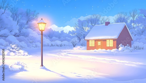 A cozy cabin nestled in a snowy winter landscape, illuminated by a warm lamppost at twilight