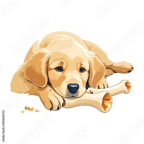 Sweet Golden Retriever Puppy Vector Illustration Chewing a Bone with a Playful Expression