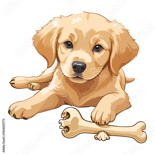 Adorable Golden Retriever Puppy Vector Illustration with a Bone and a Sweet Expression
