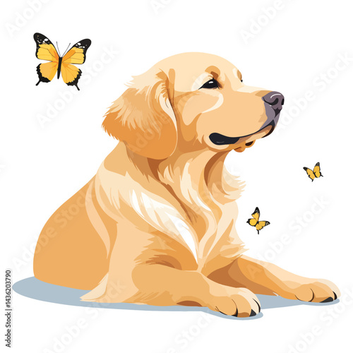 Charming Golden Retriever Vector Illustration with Butterflies and a Friendly Expression
