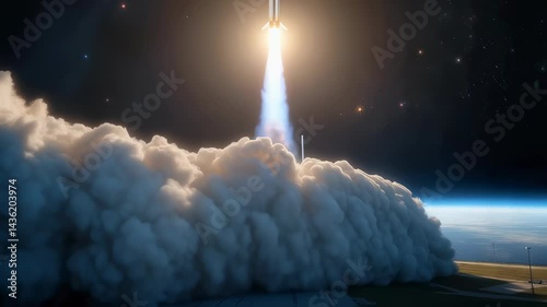 Rocket Launching into Space with Clouds and Stars