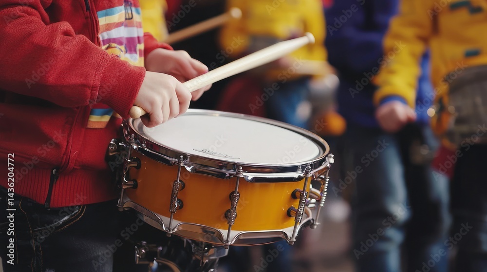 Obraz premium A child playing a small drum in a school band