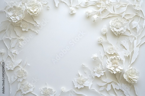 Elegant white paper flowers and leaves create a delicate frame.