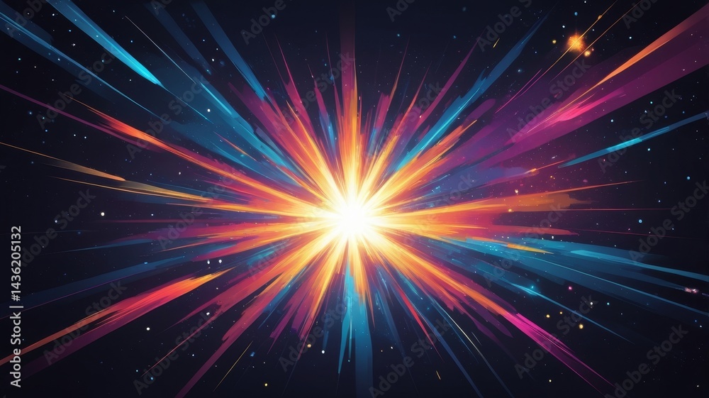 Naklejka premium A vibrant and cosmic explosion resembling a supernova, filled with colorful rays of light and stars, illuminating the surrounding space, generate AI