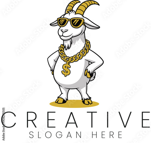 Cool Goat Mascot Design Gold Chain Sunglasses Creative Logo art rap icon rich style money brand     