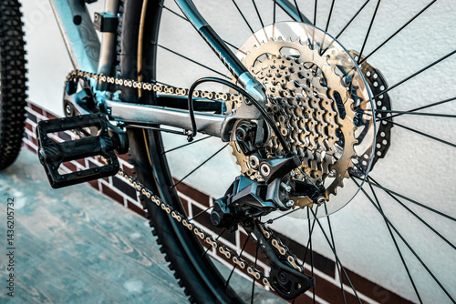 Shifting gears on rear transmission of bicycle. Rear derailleur, cassette and chain