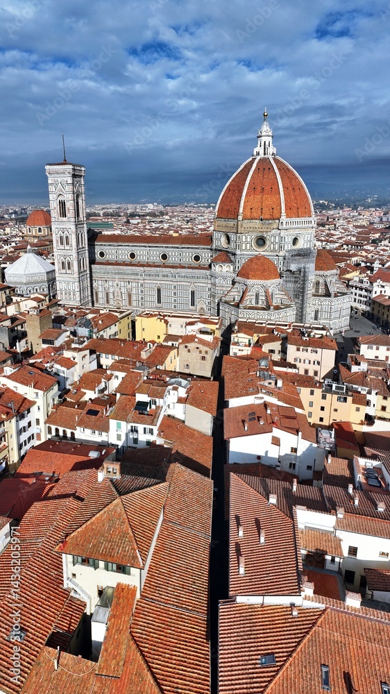 Obraz premium Aerial view Florence with the Cathedral of Santa Maria del Fiore, the Duomo of Florence, in the middle: Firenze, Tuscany, Italy 