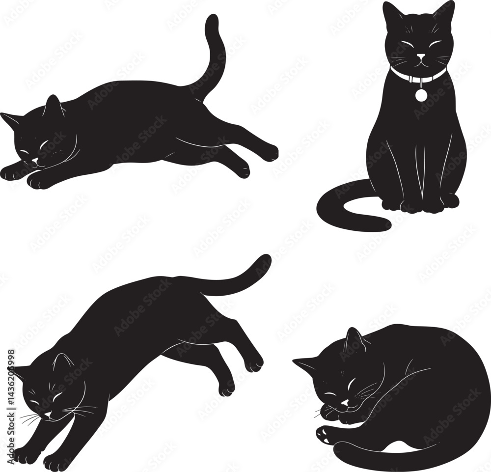 black cat silhouettes in playful and relaxed poses