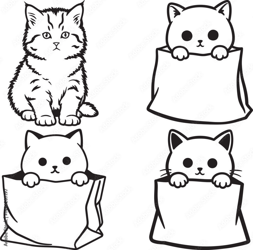 Fototapeta premium outlined cats tabby and kittens peeking from bags