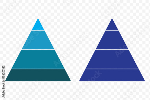 Triangular pyramid infographic vector icon set.Blue pyramid infographic templates collection. Triangle hierarchy data segments collection. Business concept. Vector illustration. EPS 10.