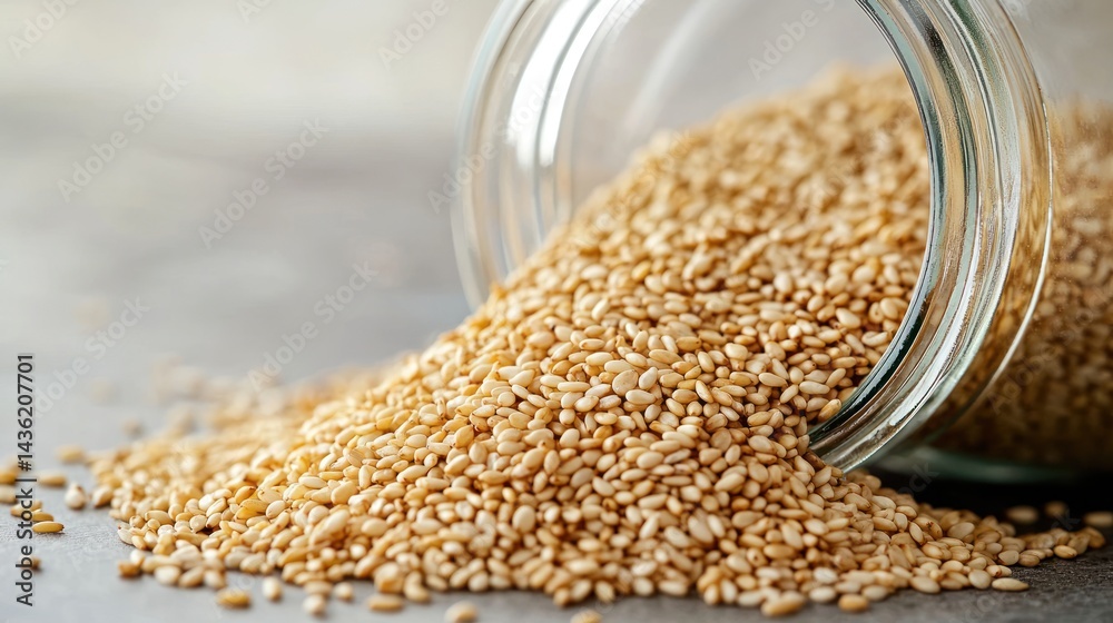 A clear jar tipped over with sesame seeds spilling out