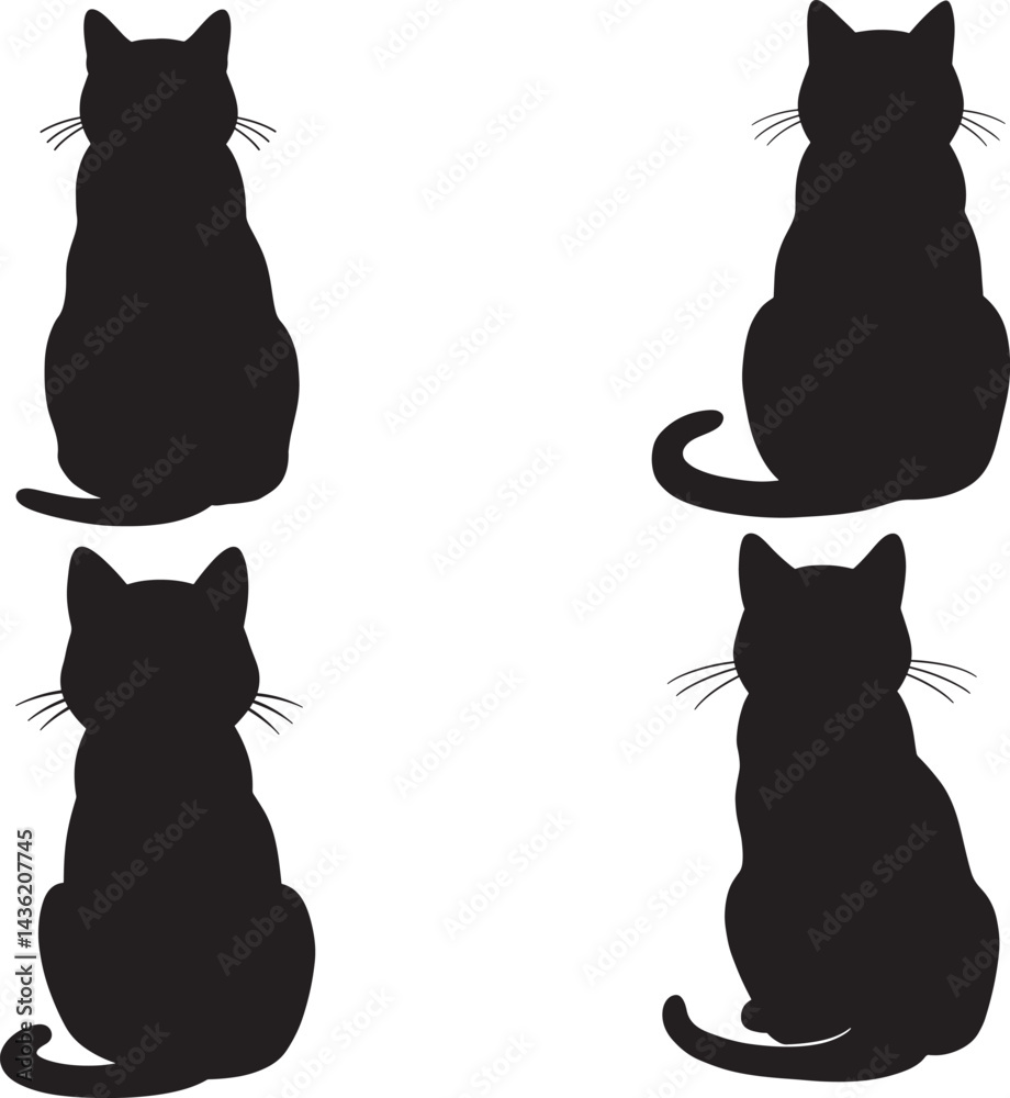 black cat silhouettes sitting viewed from behind