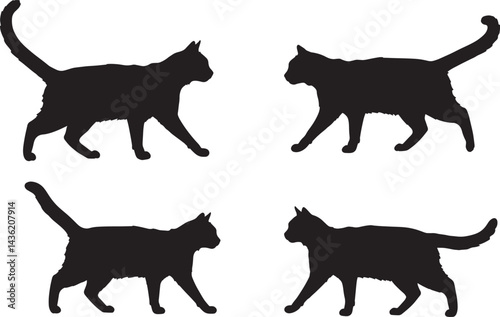 black cat silhouettes walking with tails raised or curved  