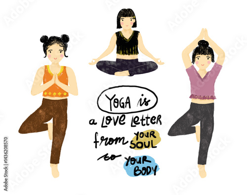 Cute Set collections of woman female girl doing tree lotus pose yoga doodle crayon watercolour hand drawn illustration in bright pastel colorful colors clipart sticker wellness meditation quotes