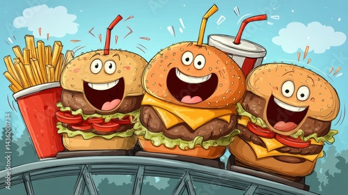 Three cartoon burgers, fries, and soda with smiling faces ride a roller coaster in a fun, colorful illustration.