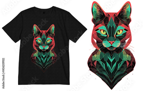 T-shirt design,A clean and striking vector illustration featuring a tessellated, geometric cat rendered in sleek neon line art