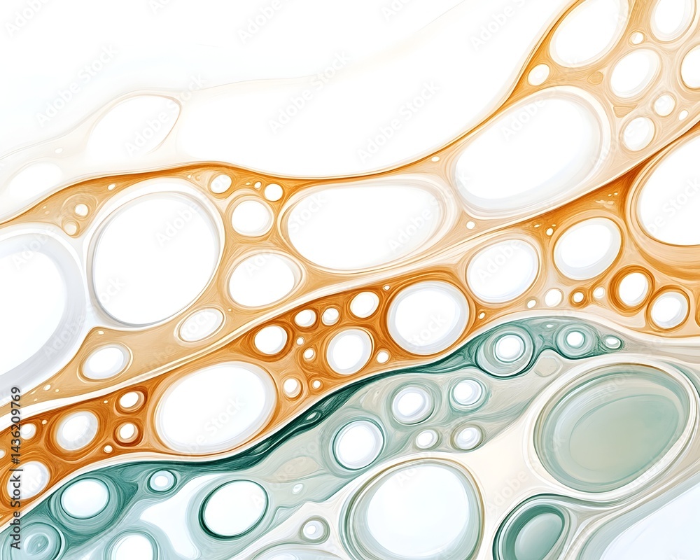 Abstract swirling pattern with organic shapes, beige, teal, and white colors creating a fluid, cell-like structure