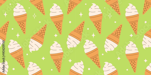 Summer seamless pattern soft vanilla ice cream, gelato in a waffle cone on a purple background. Wallpaper National Ice Cream Day. Hand drawn Flat Vector illustration EPS10