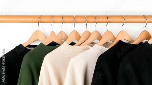 Obraz na płótnie Eight neutral-toned crewneck sweaters hang neatly on wooden hangers against a white backdrop w salonie
