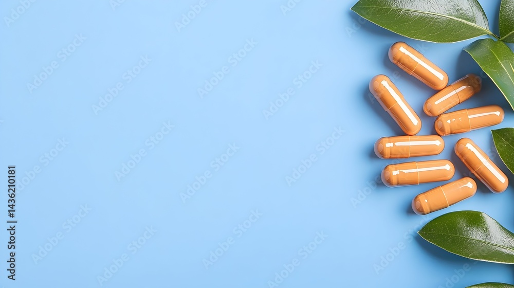 Light-orange capsules scattered near vibrant green leaves on a light-blue background Ample copy space