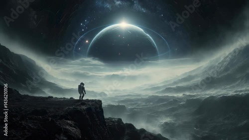 Astronaut Standing on Edge of Alien Planet Cliff Contemplating Distant Planet