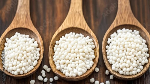 Close-up of three wooden spoons filled with tapioca pearls on a brown wooden surface, creating a textured and natural food display.