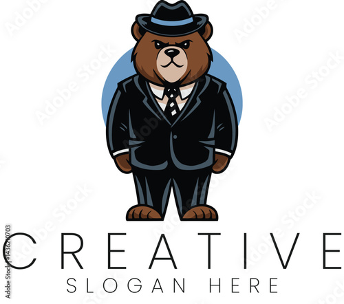 Stylish Bear in Suit Business Logo Design Illustration hat tie cute icon flat cool funny image style