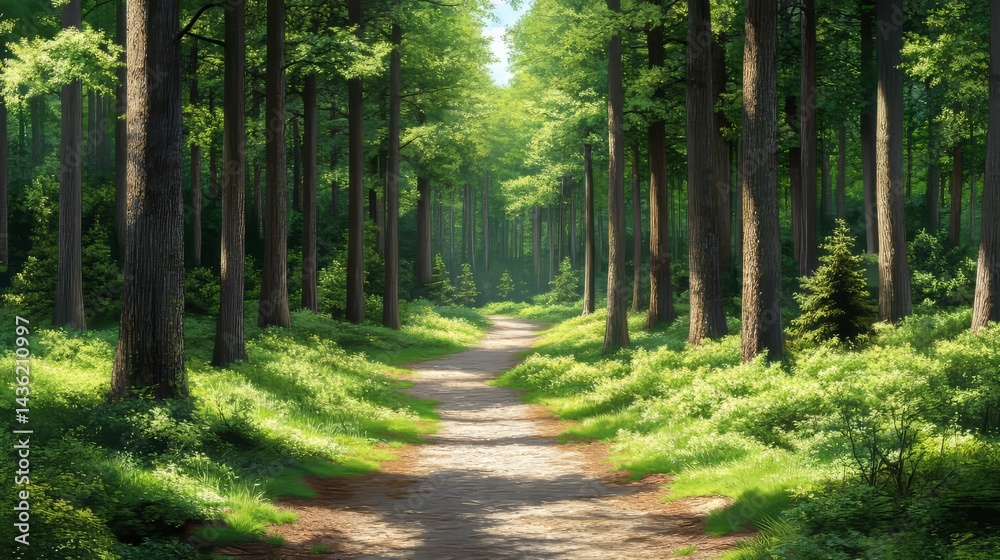 Obraz premium Forest Path in Sunlight: A sun-dappled path winds through a lush green forest, sunlight filtering through the dense canopy of trees, creating a serene and inviting atmosphere. 