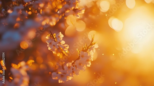 Spring sunset, blooming tree branches, bokeh background, nature scene, ideal for greeting cards