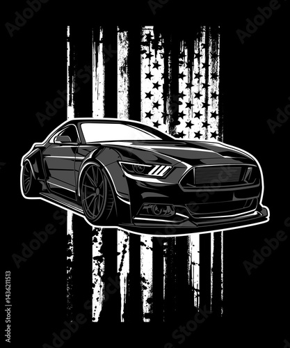 A black and white vector illustration of a classic retro auto with torn American flag, a vintage design of transportation
