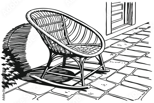 102 Woven rattan chair, curved backrest, black and white photograph, intricate weaving pattern, traditional craftsmanship, minimalist design, rustic furniture, monochrome aesthetic, textured surface, 