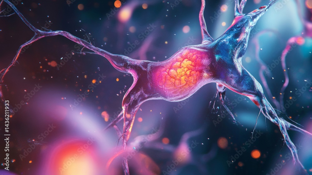 Vibrant Abstract Representation of Synaptic Cleft Showing Dynamic Neural Interactions