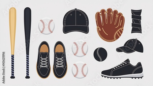 Baseball Essentials: A comprehensive illustration featuring essential baseball equipment. Perfectly capturing the game's core elements, ideal for sports enthusiasts and design projects.
