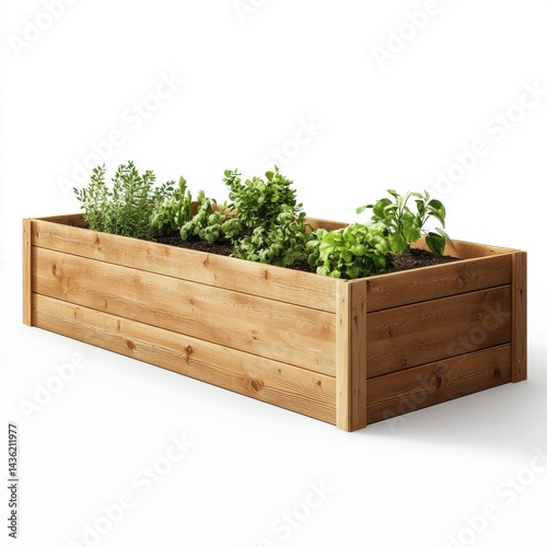 Wooden planter box filled with plants against a white backdrop
