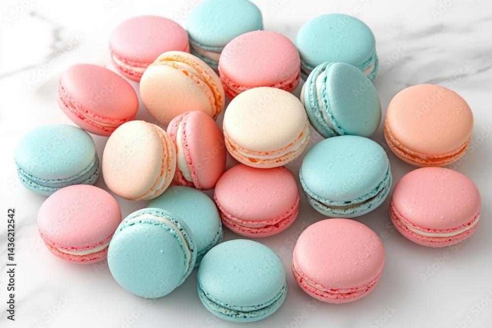 Obraz premium A delightful array of pastel-colored macarons in pink, blue, and beige, beautifully arranged on a clean white surface.